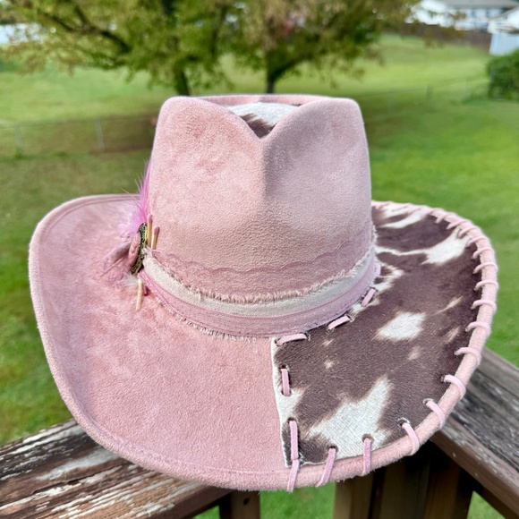 Pink Heart Shaped Cowboy Hat with Attached Cowhide, Hand Burned - Picture 3 of 5